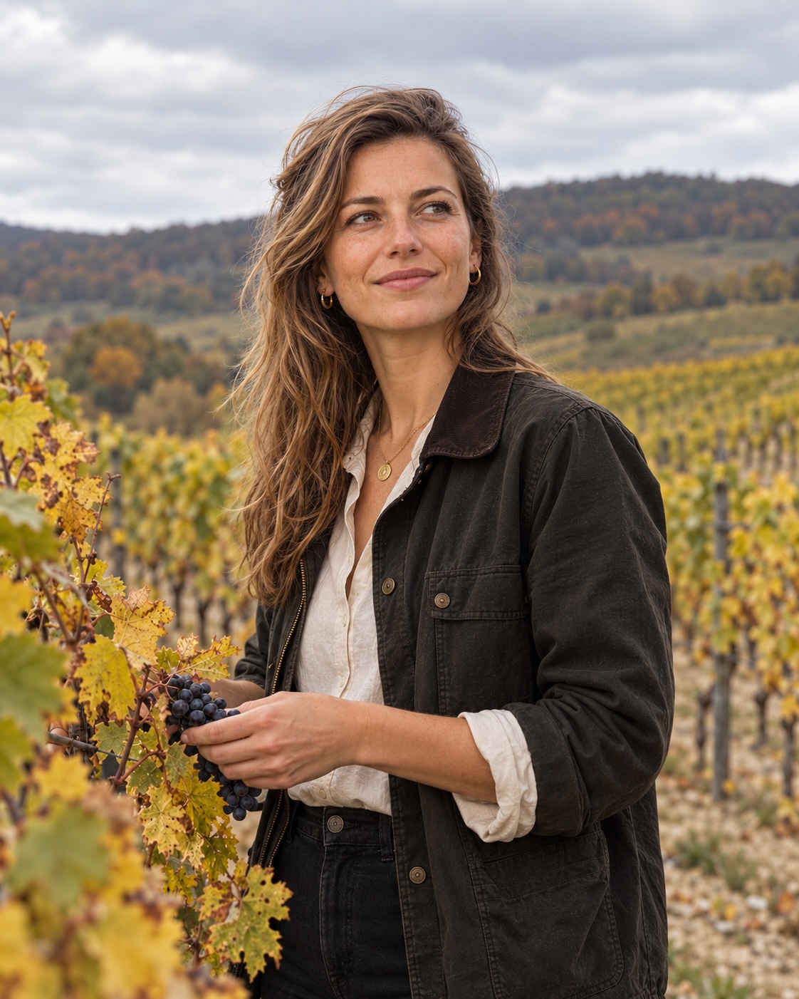 The same person in a dark work jacket stands beside yellowing vines beneath an overcast sky.