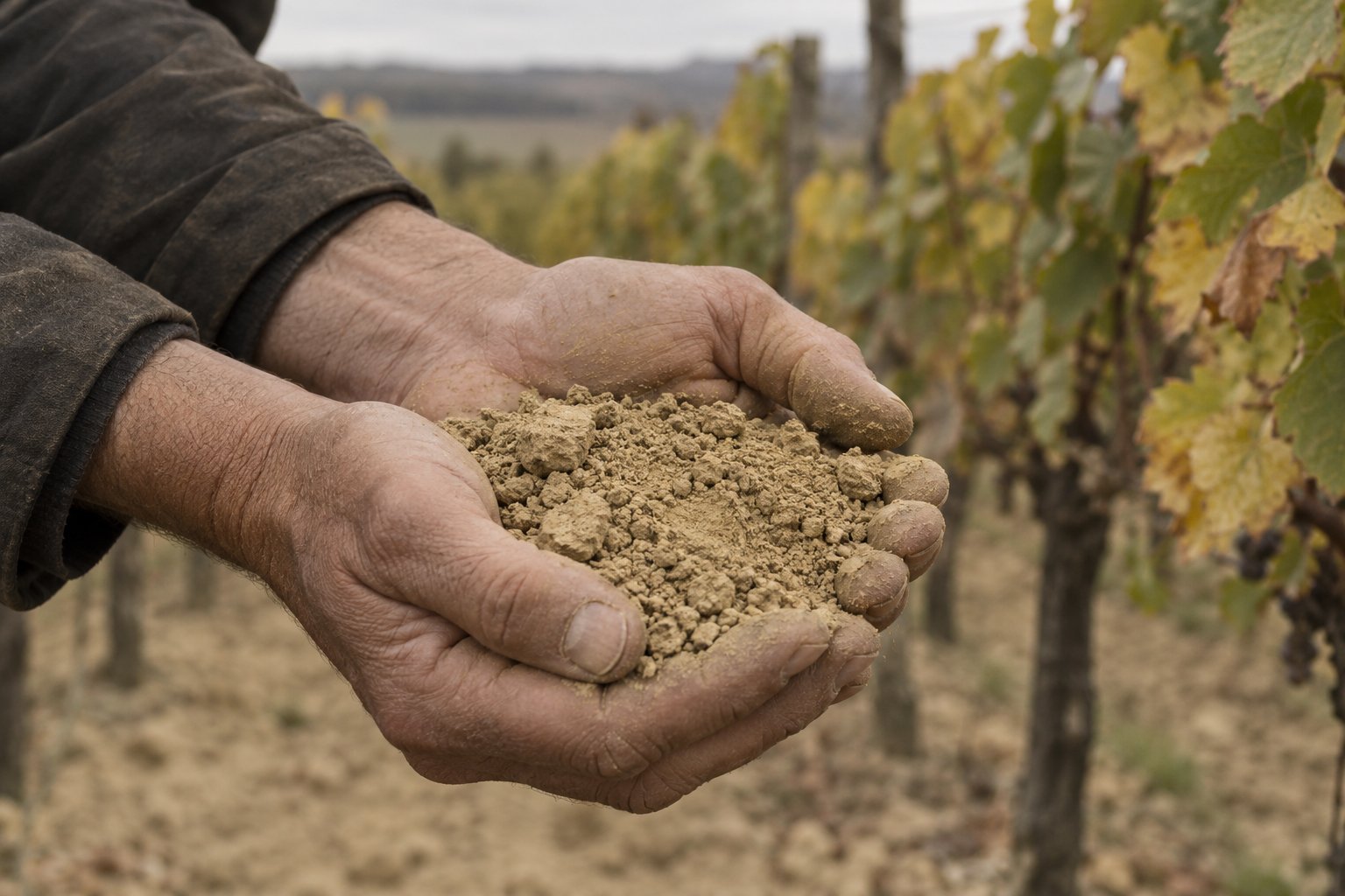 Two weathered hands cup crumbly pale loess with yellowing vineyard rows softly blurred behind.
