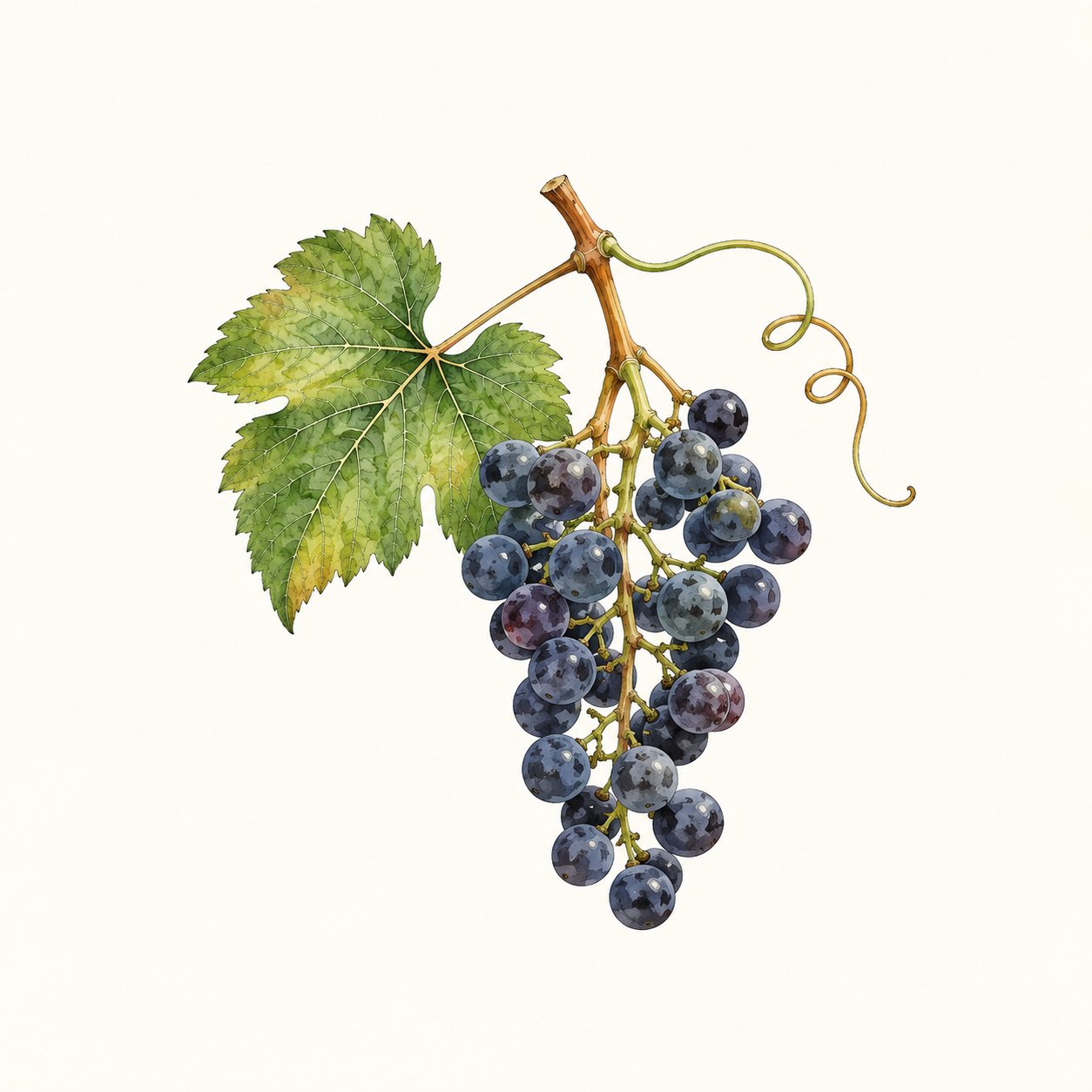 Botanical illustration of a blue-black grape cluster with leaf and tendril.