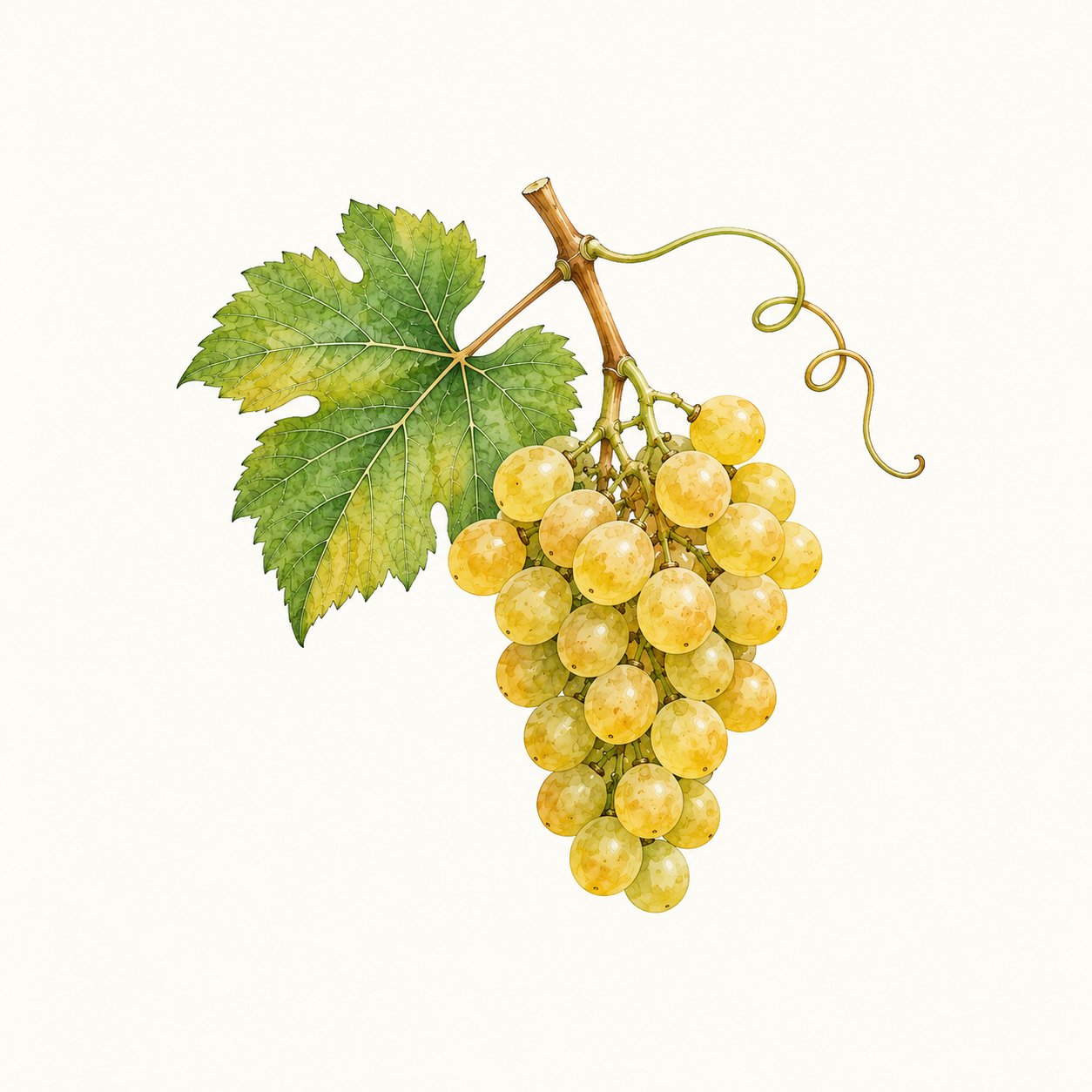 Botanical illustration of a green-gold grape cluster with leaf and tendril.