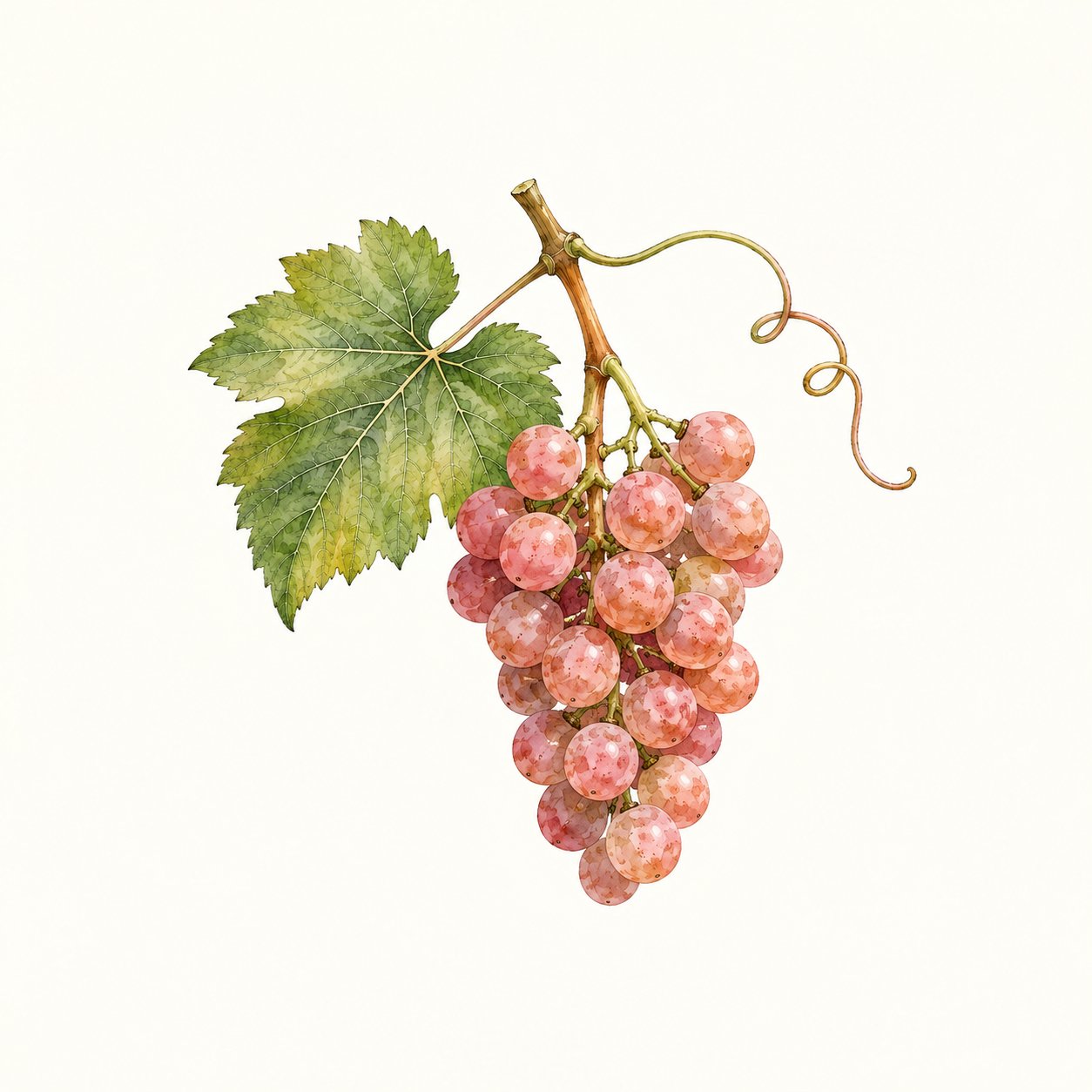 Botanical illustration of a pink grape cluster with leaf and tendril.