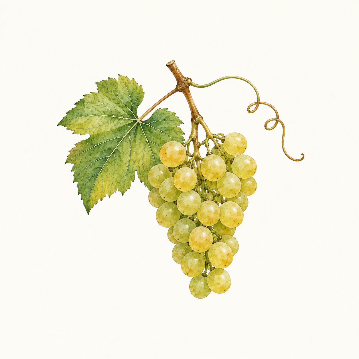 Botanical illustration of a yellow-green grape cluster with leaf and tendril.