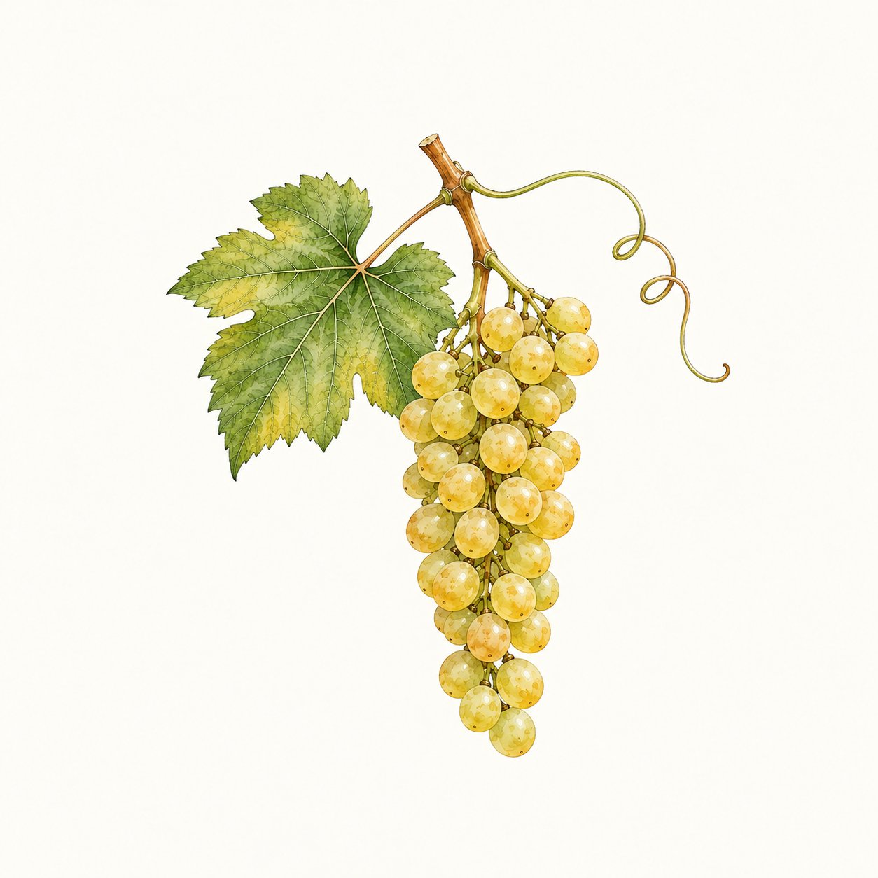 Botanical illustration of a long narrow yellow-green grape cluster with leaf and tendril.