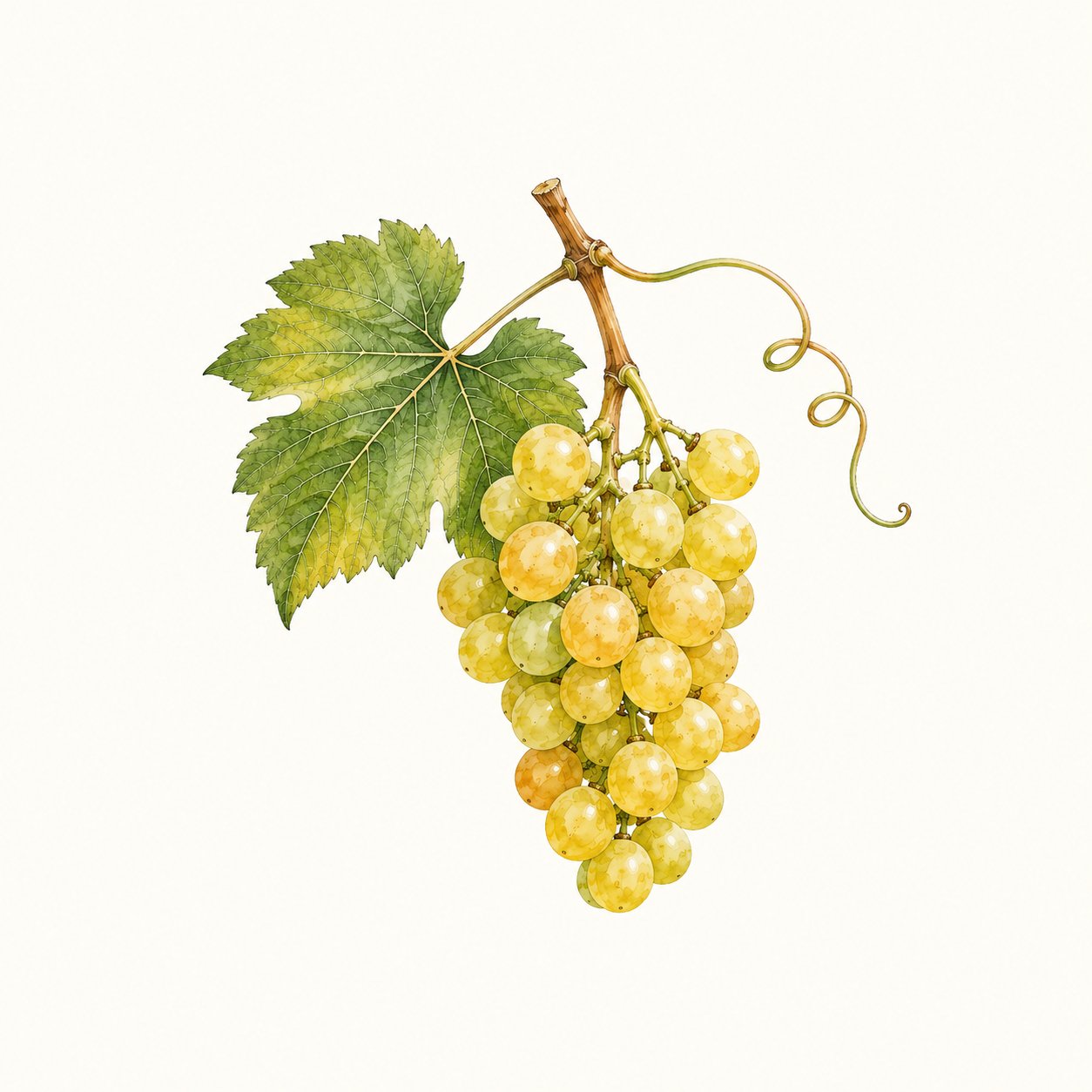 Botanical illustration of a yellow grape cluster with leaf and tendril.