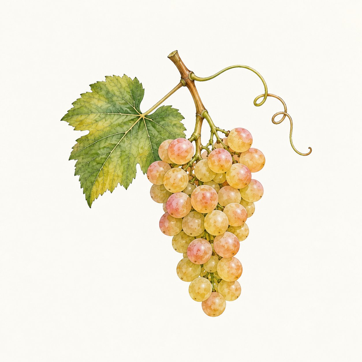 Botanical illustration of a pink-tinged yellow grape cluster with leaf and tendril.