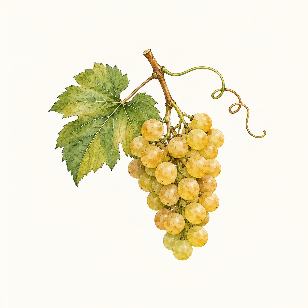 Botanical illustration of a golden grape cluster with leaf and tendril.