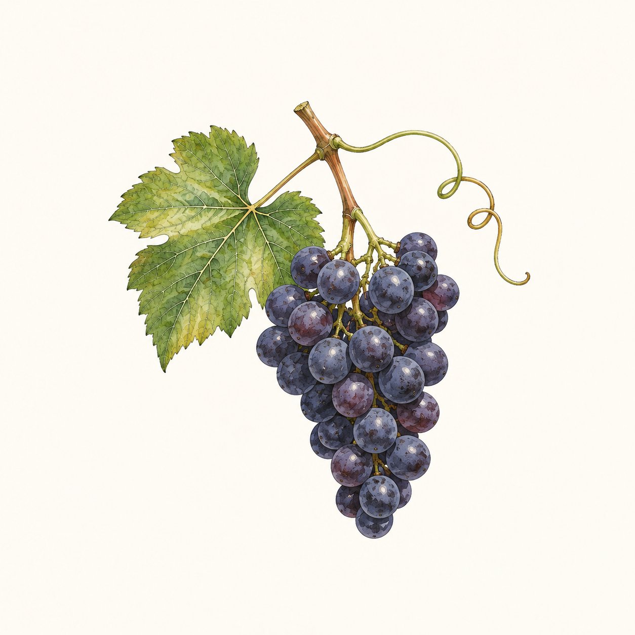Botanical illustration of a blue-black grape cluster with leaf and tendril.