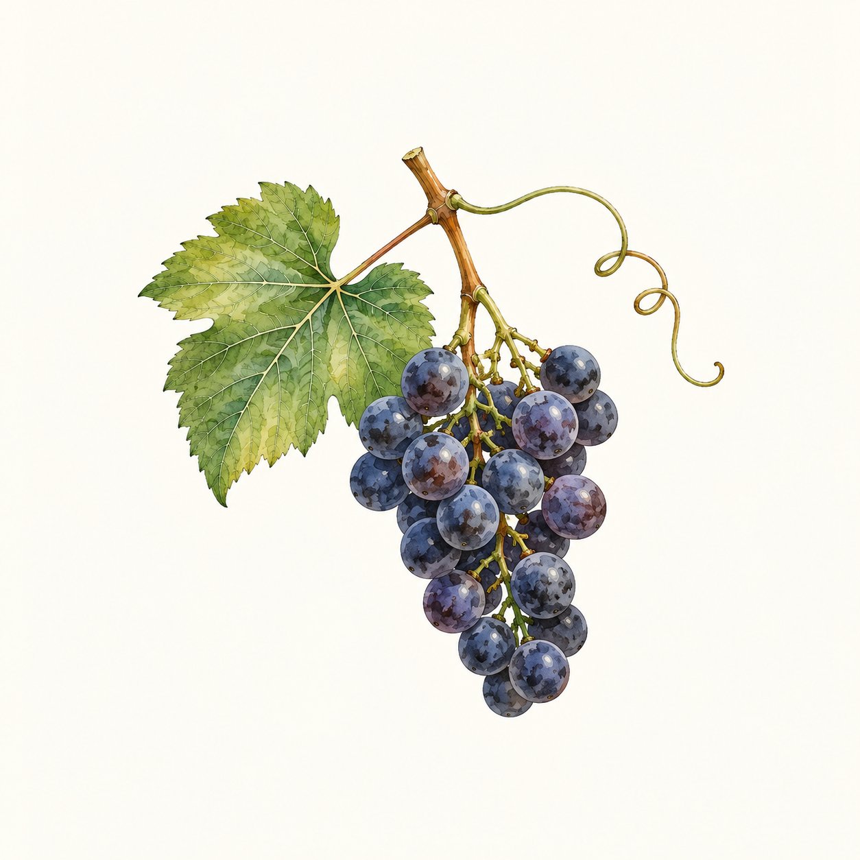 Botanical illustration of a blue-black grape cluster with leaf and tendril.