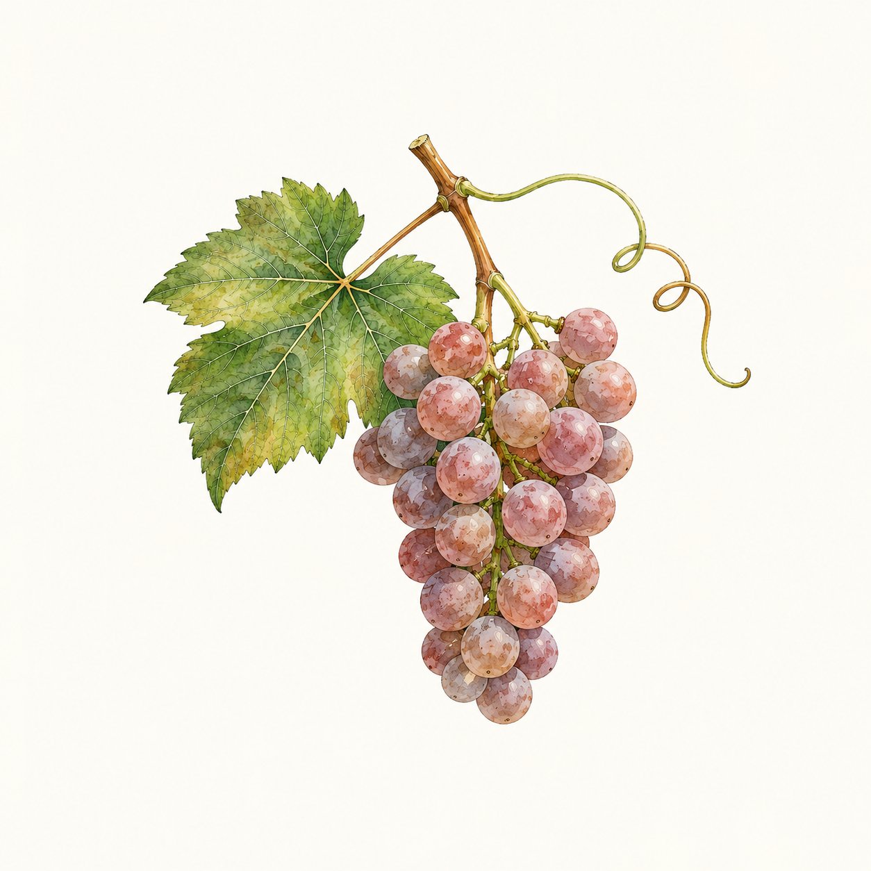Botanical illustration of a pink-grey grape cluster with leaf and tendril.