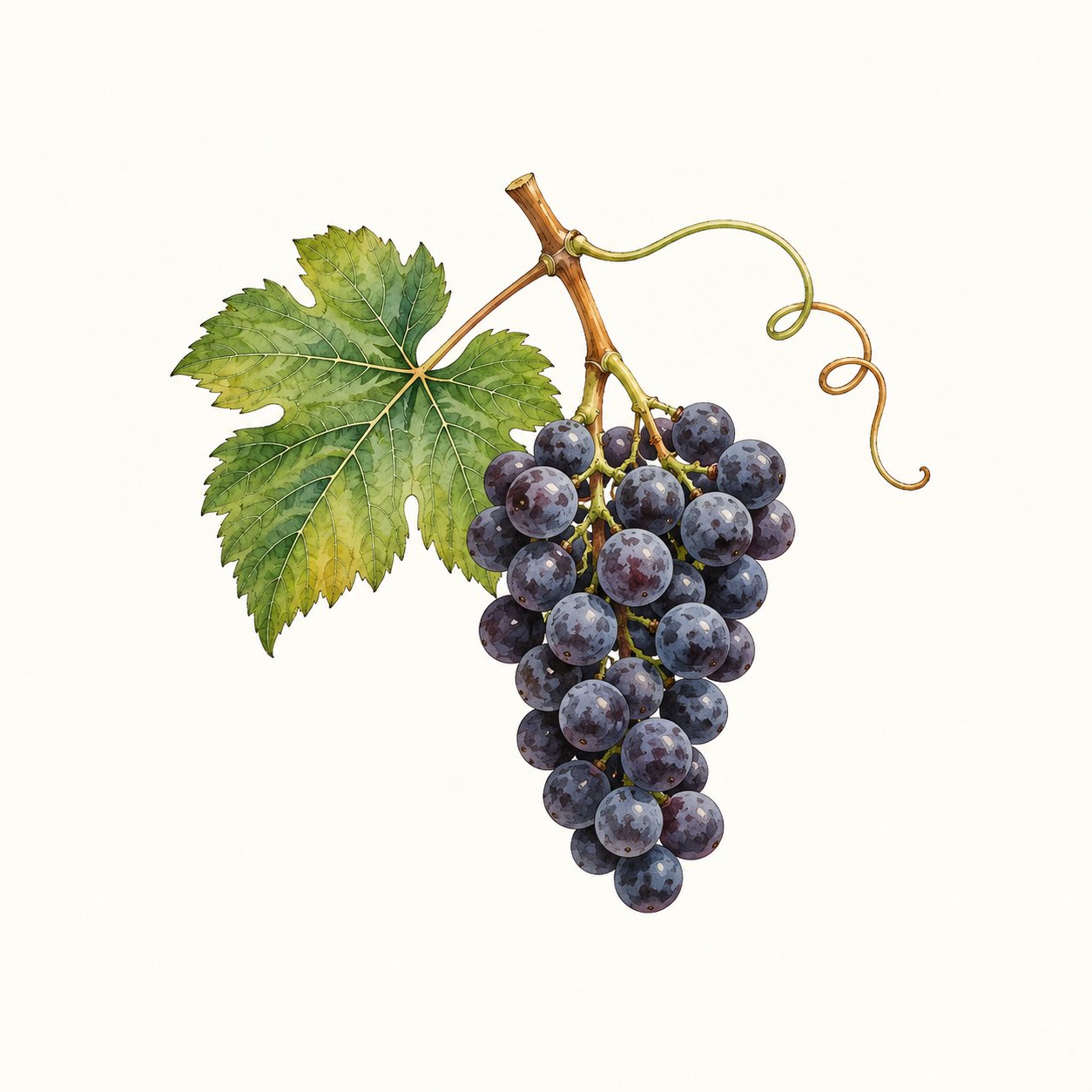 Botanical illustration of a blue-black grape cluster with leaf and tendril.