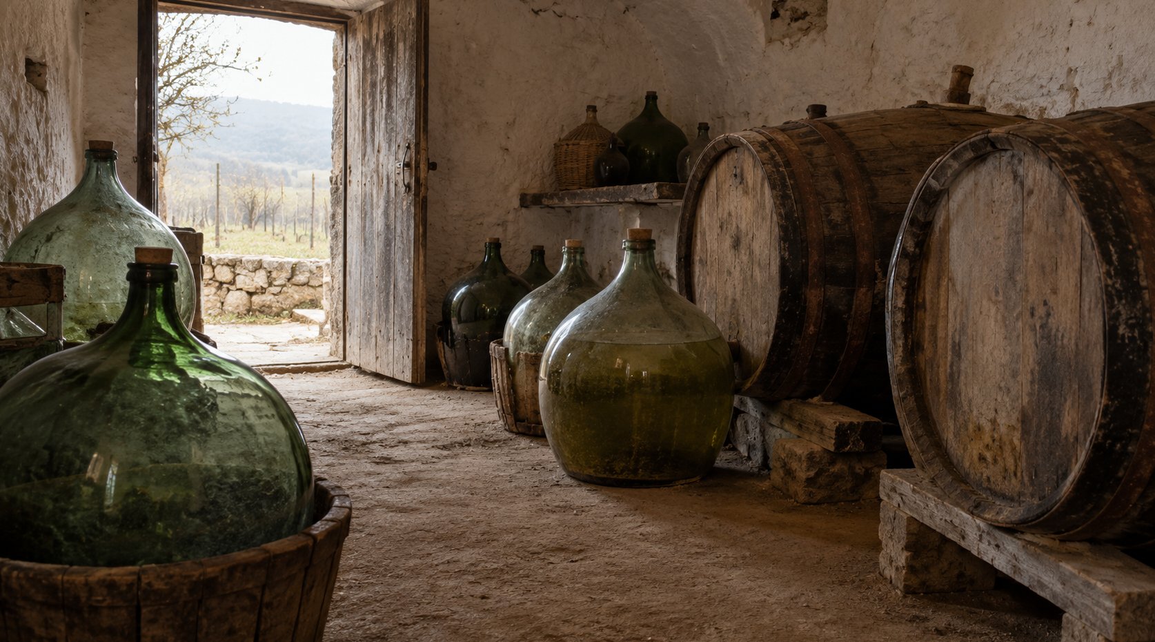 Glass demijohns and old oak barrels stand on an earth floor in a rustic daylight-lit cellar.