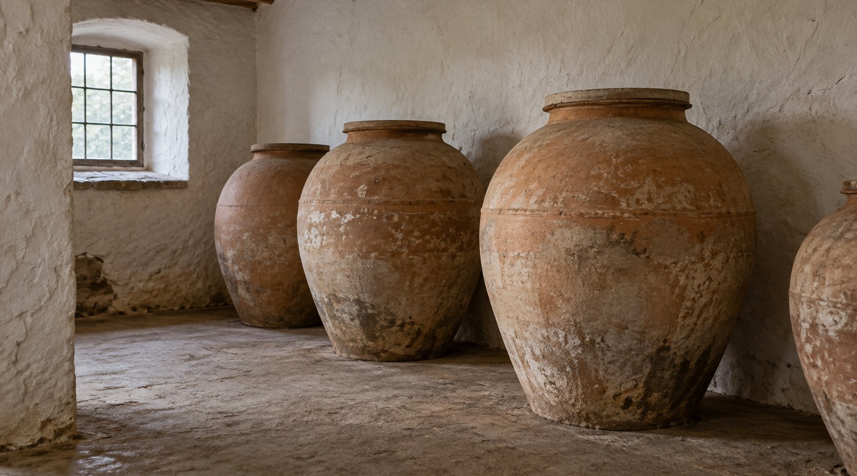 Large clay amphorae stand against a limewashed cellar wall in soft window light.