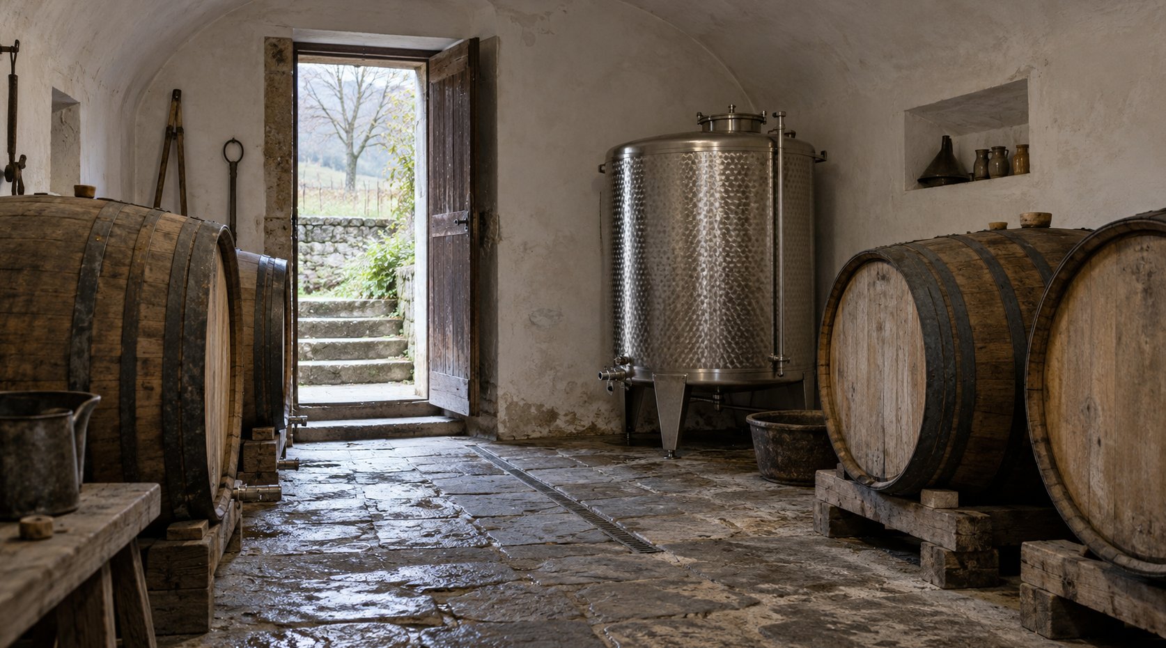 Old oak barrels and a steel tank stand in a small stone-floored cellar lit through an open door.