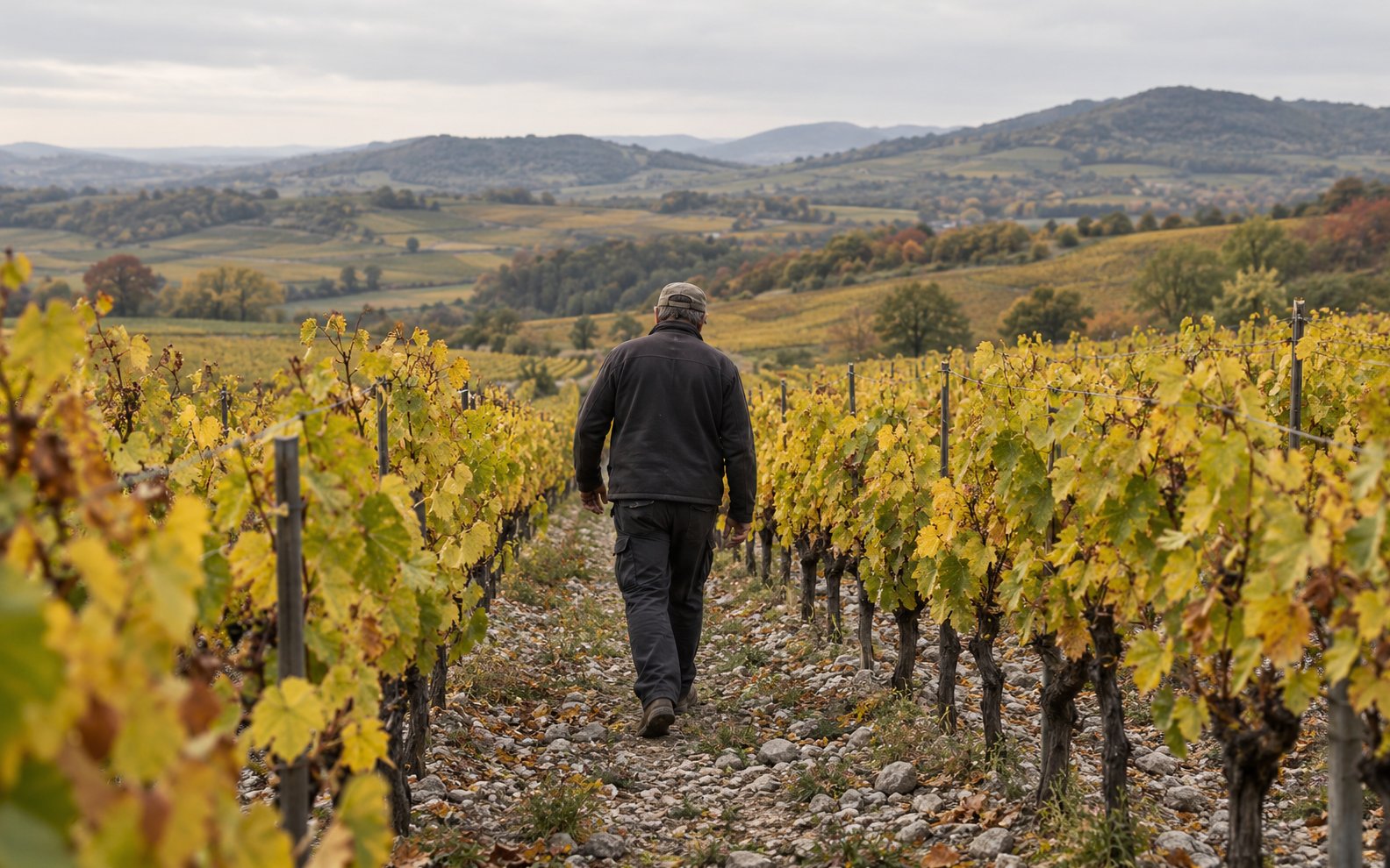 A worker seen from behind walks between yellowing vines on grey stony soil below low hills.