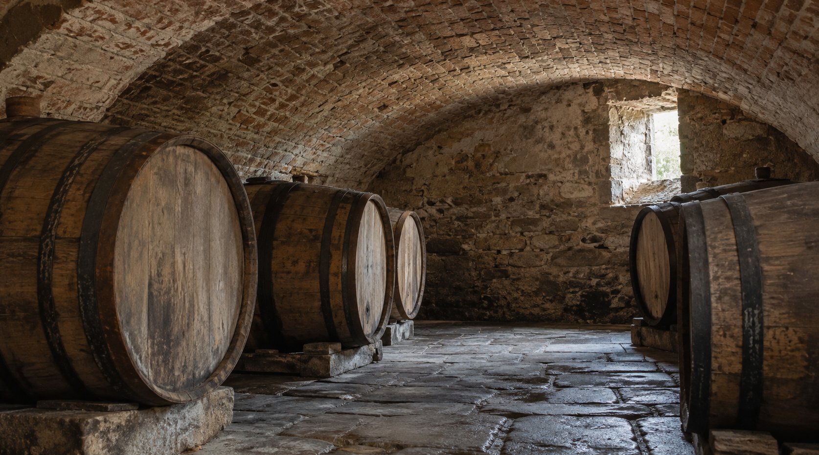 Old oak barrels stand beneath a low brick cellar vault lit by a small window.