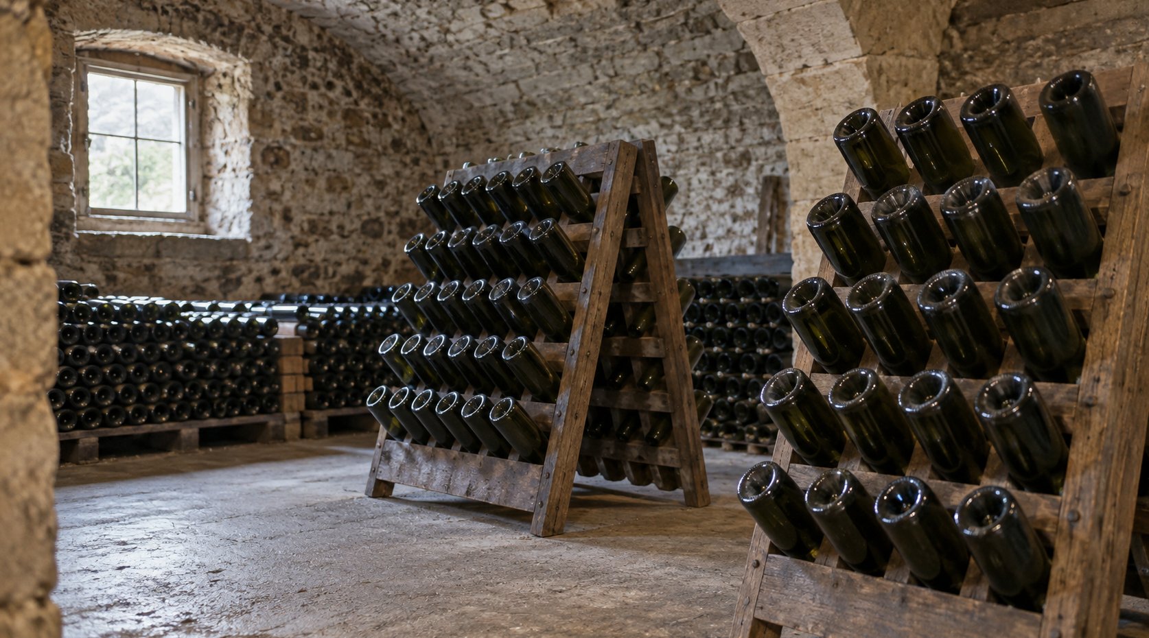 Unlabelled dark bottles rest in wooden riddling racks and horizontal stacks in a stone cellar.