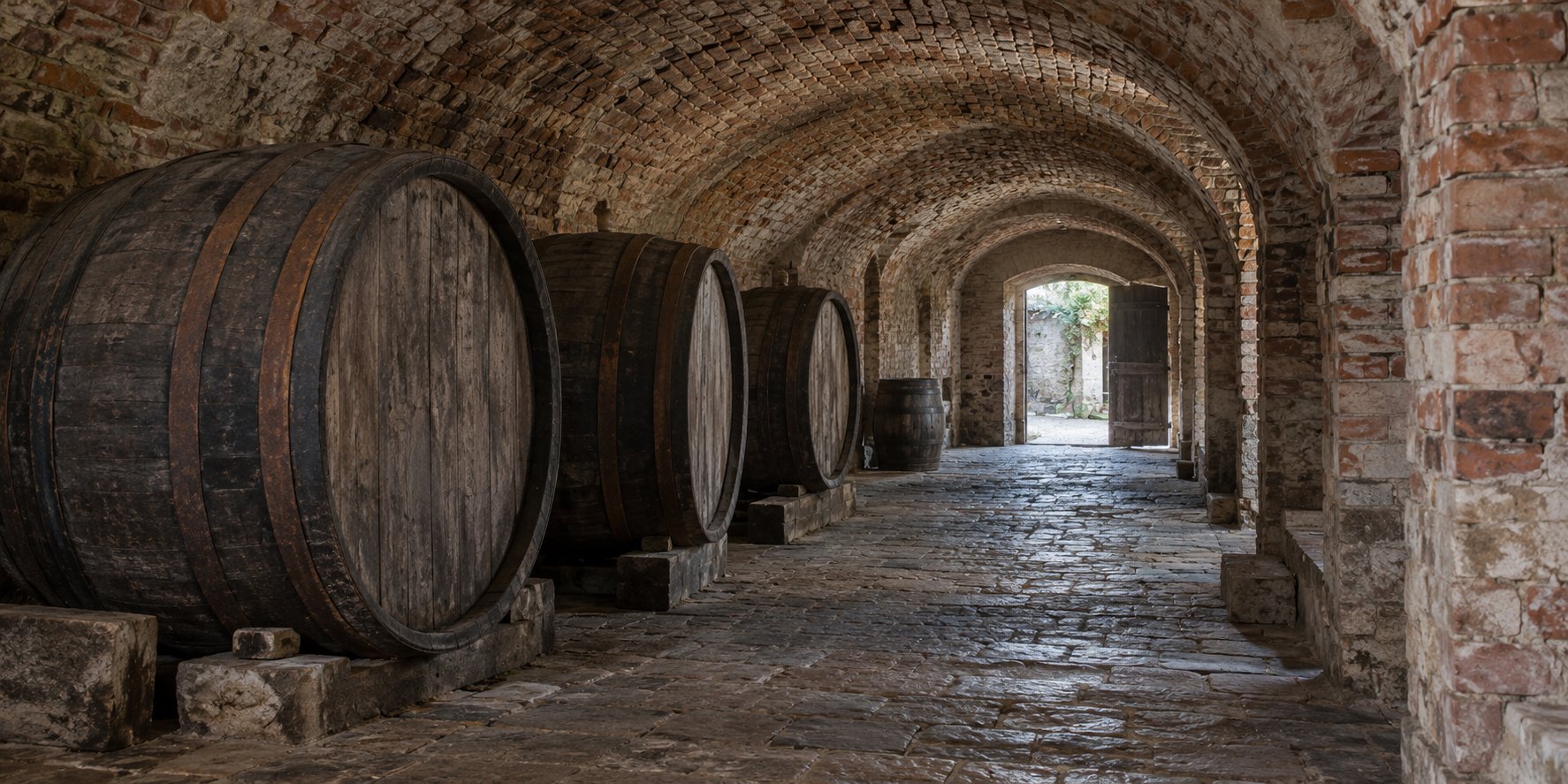 Old oak barrels line a long brick-vaulted cellar lit by daylight from an open door.