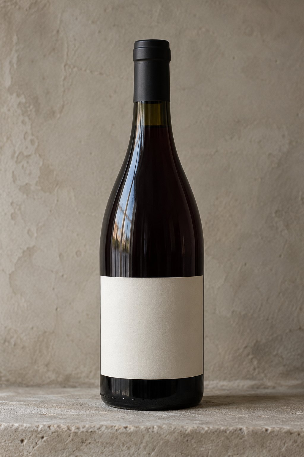 A bottle of red wine with a blank label on a light concrete ledge.