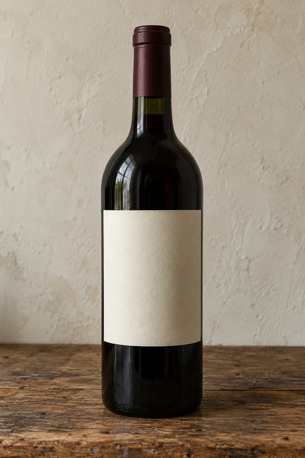 A bottle of red wine with a blank label on a rustic wooden table.