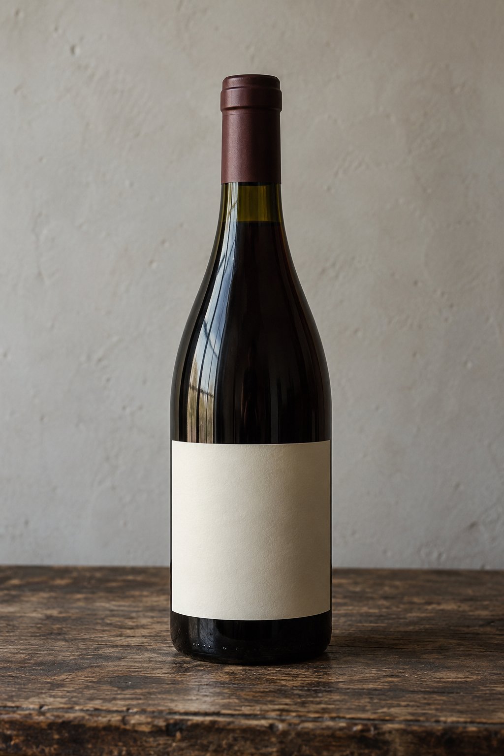 A bottle of red wine with a blank label on a dark oak table.