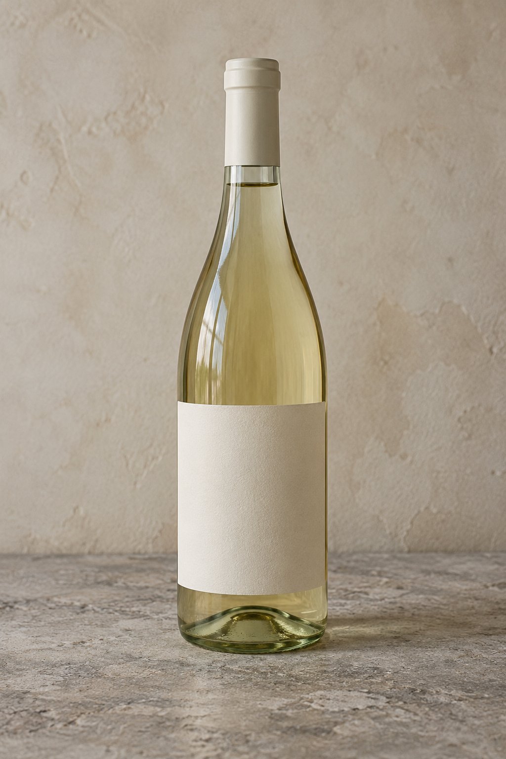A bottle of white wine with a blank label on grey stone.