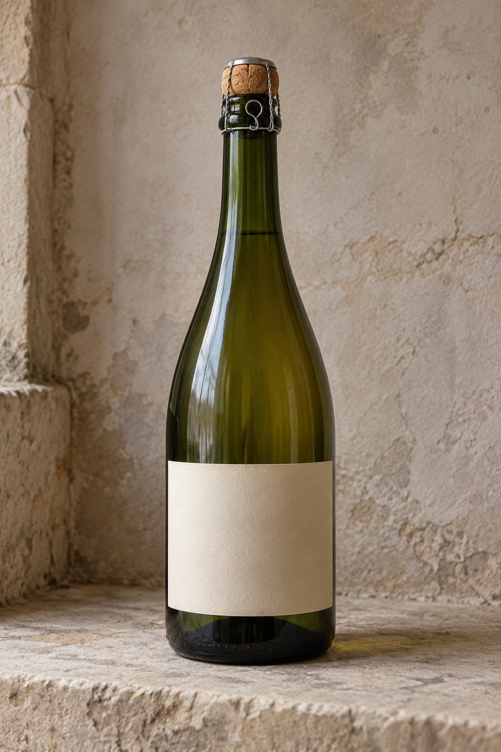 A bottle of white sparkling wine with a blank label on a limestone ledge.